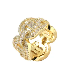 Anello lussuoso hip hop catena cubana 8mm con zirconi cubici scintillanti in oro