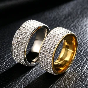 Luxury Stainless Steel Broad Band Ring For Women Men Full Rhinestone Pavé Wedding Engagement Party Fashion Jewelry Gold Silver Plated Band Ring