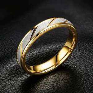 Detailed macro shot of 8mm men's stainless steel ring with frosted silver and gold finish.