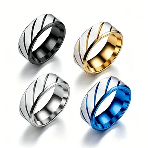 8mm men's stainless steel rings with matte finish and diagonal grooves