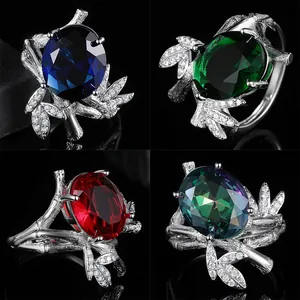 Exaggerated Luxury Bamboo Branch Open Ring For Women Copper Inlaid Large Oval Cubic Zirconia Adjustable Finger Ring Party Jewelry