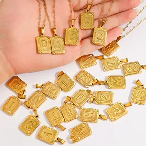Stainless Steel Gold Plated Initial Letter Rectangle Tag Pendant Necklace For Women Fashion Jewelry Radial Texture Chic