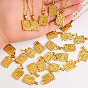Gold plated stainless steel 26 initial letters square pendant necklaces for women