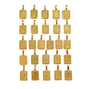 Gold-plated stainless steel square pendants with 26 engraved alphabet letters A to Z.