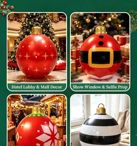 Detailed view of large PVC inflatable Christmas ornament balls in festive settings.