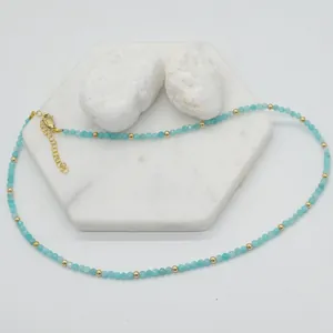 Handmade faceted light blue natural stone necklace with delicate gold bead spacers
