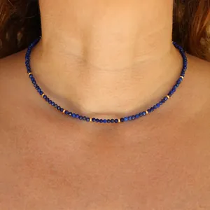 Handmade faceted blue natural stone choker necklace with delicate gold spacer beads
