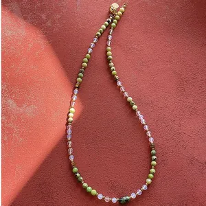Vintage handmade green natural stone beaded necklace with gold spacers and crystals