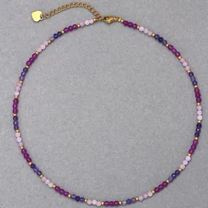 Elegant faceted purple and pink natural stone beaded necklace with small gold spacers