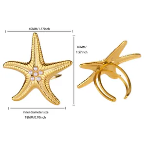 Detailed view of a gold-plated stainless steel starfish open ring with 40mm dimensions