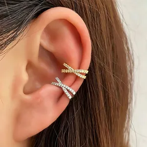 Elegant Zircon Copper Cross Ear Cuff For Women Gold Silver Plated Multi Layer Wrap No Piercing Jewelry Clip On Earrings