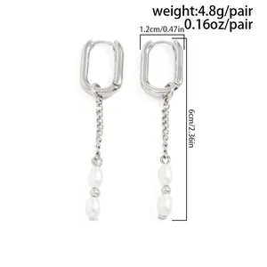 Detailed view of silver U-shaped hoop earrings with pearl chain drop and dimensions.