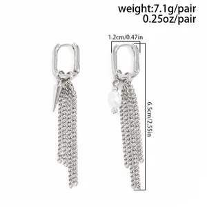 Silver U-shaped hoop earrings with chain tassels and pearl pendants, 6.5cm length