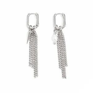 Silver U-shaped hoop earrings with asymmetric pearl, spike, and long chain tassels.