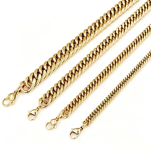 Four gold-colored stainless steel Cuban link chains in varying thicknesses for stylish men.