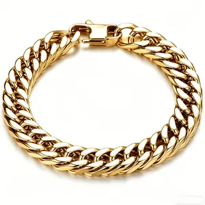 Macro view of a bold gold-plated stainless steel Cuban link chain bracelet for men