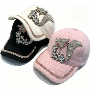 Casquette de Baseball de Luxe en Chenille pour Femme Motif Renard en Strass Hiver Chaud Réglable Bord en Strass