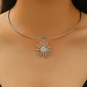 Elegant silver sun face pendant choker necklace for women stylish celestial clavicle chain