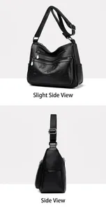 Vues de face et de profil d'un sac bandoulière en cuir noir avec motif floral gaufré