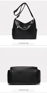 Vues détaillées de l'arrière et du fond d'un sac bandoulière en cuir noir pour femmes