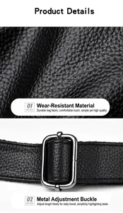 Gros plan sur la texture du cuir et la boucle métallique réglable du sac bandoulière