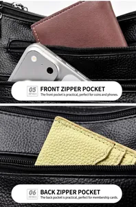 Vue détaillée des poches zippées fonctionnelles avant et arrière du sac à bandoulière en cuir noir