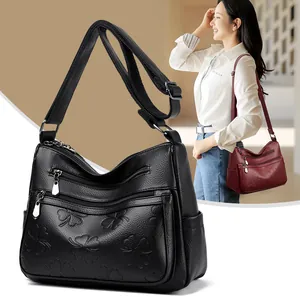 Sac Bandoulière Mode en Cuir de Vachette pour Femmes Relief Trèfle Multi-Fermeture Éclair Petit Sac Carré Décontracté Besace en Cuir
