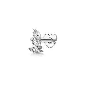 Detailed macro view of 925 sterling silver marquise CZ cartilage stud with heart flat back