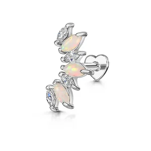 Detail view of 925 silver labret with marquise opal and clear CZ stones for cartilage.
