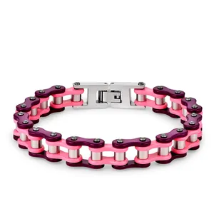 Détail du bracelet chaîne de vélo en acier inoxydable rose et violet pour homme