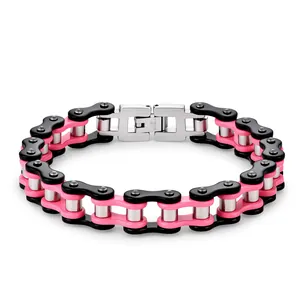 Gros bracelet homme en acier inoxydable type chaîne de vélo style punk rose et noir.