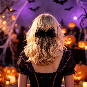Vue détaillée d'une pince à cheveux nœud en dentelle toile d'araignée noire pour Halloween