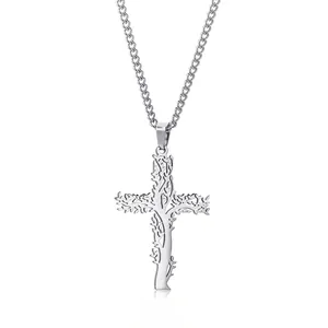 Élégant pendentif croix arbre de vie en acier inoxydable argenté pour hommes et femmes