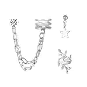 Silberfarbenes Ohrring-Set mit Kettemanschette, Sternstecker und Blattform-Ohrmanschette