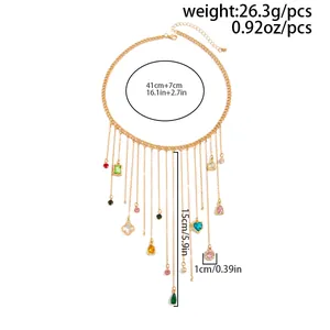 Detailed view and dimensions of a gold tassel necklace with colorful gemstone charms