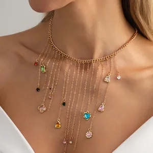 Detailed view of an elegant gold tassel choker necklace with vibrant multi-colored gemstones.