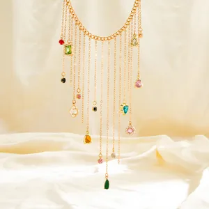 Detailed view of golden tassel necklace featuring vibrant multi-color gemstones.