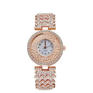 Montre à Quartz de Mode pour Femmes Luxe Or Rose Incrusté de Strass Bracelet en Alliage avec Perles de Sable Mouvant Boucle Bijou Élégante
