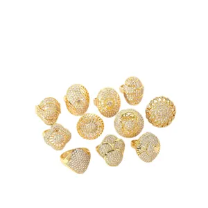 Elegant gold plated adjustable rings with full pavé crystal geometric floral designs