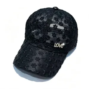 Casquette de Baseball en Dentelle Florale pour Femmes Avec Logo en Métal Lettre Strass Élégant Chapeau de Soleil Respirant