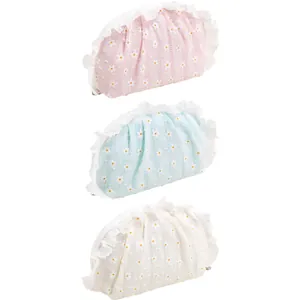 Franse stijl madeliefje bloemen cosmetische tas met kant set van 3 pastel kleuren