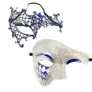 Detailed view of two masquerade masks: black metal filigree and silver half-face style