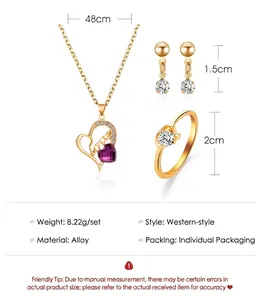 Gold-tone heart jewelry set specifications with necklace earrings and ring dimensions