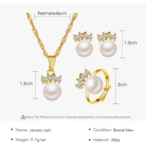 Detail of pearl and zircon jewelry set with necklace, earrings, and ring dimensions.