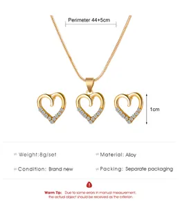 Detailed view of heart necklace and earring set with size and material specifications