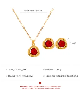 Detailed specifications for the red zircon necklace and stud earrings alloy jewelry set.