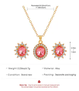 Pink oval gemstone jewelry set including necklace and earrings with product dimensions