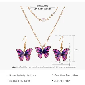 Detailed view of purple butterfly necklace and earrings set with pearl accent made of alloy