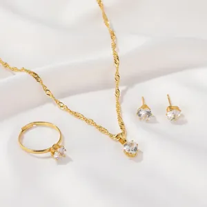 Detail view of gold-plated heart zircon jewelry set with necklace, earrings, and ring