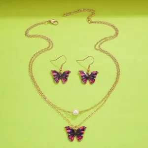 Detailed view of gold butterfly jewelry set with pearl necklace and drop earrings